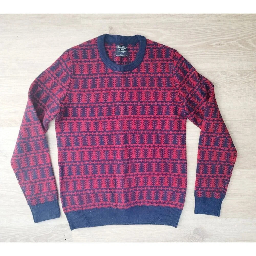 Abercrombie Fitch Christmas Holiday Tree Red Navy Wool Pullover Mens Sweater S